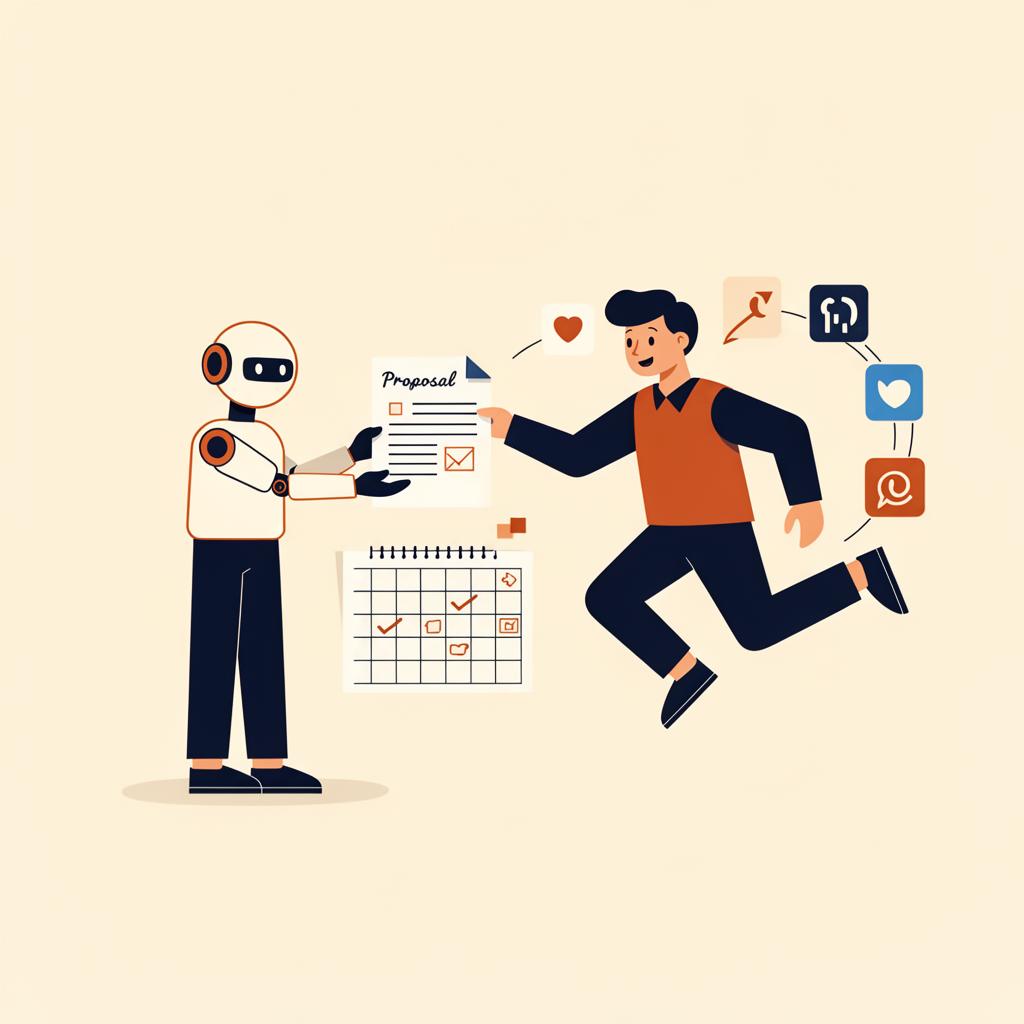 Illustration of a friendly AI agent handing over a finished proposal and scheduling social posts across multiple apps.