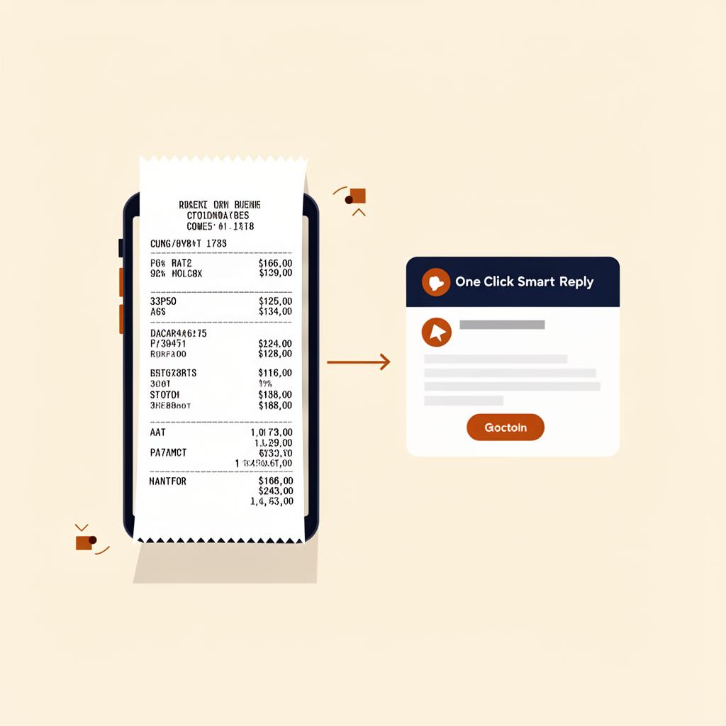 Illustration of a phone scanning a paper receipt into tidy expense data alongside a one-click smart reply email.