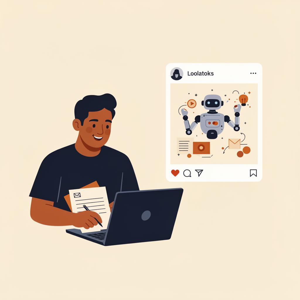Illustration of a small-business owner drafting an email at a laptop while a generated social media tile floats nearby.