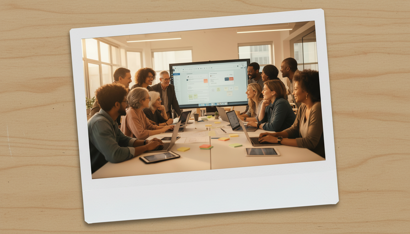 A diverse group of learners of different ages and backgrounds collaborating around a screen in a bright studio