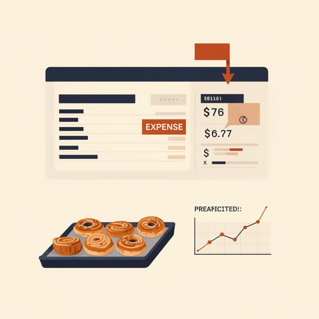 Illustration of a bookkeeping dashboard flagging an unusual expense beside a tray of pastries and a predicted-sales chart.