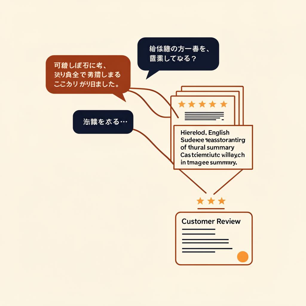 Illustration of speech bubbles in different languages flowing into a single tidy English customer-review summary card.