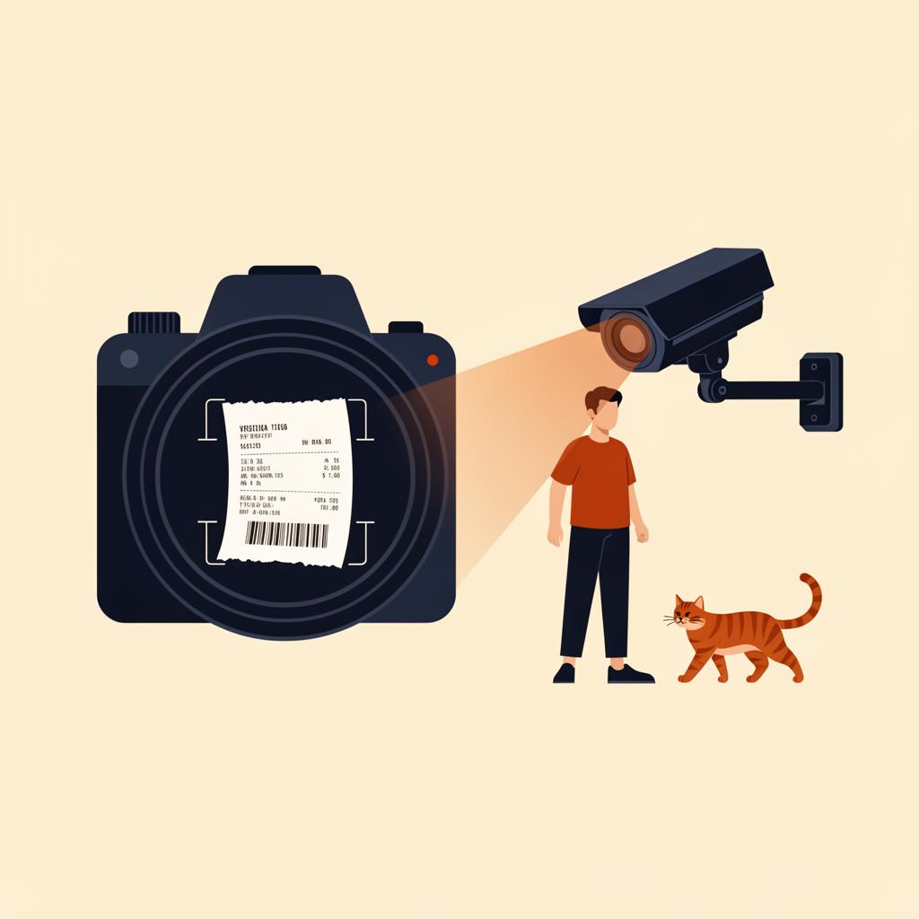 Illustration of a camera reading a paper receipt and a security camera spotting a person while ignoring a passing cat.